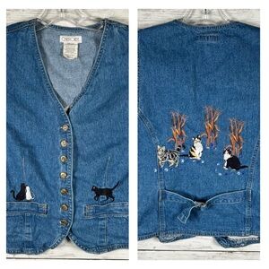 Vintage Cherokee Cat Lady Embroidered Denim Vest S